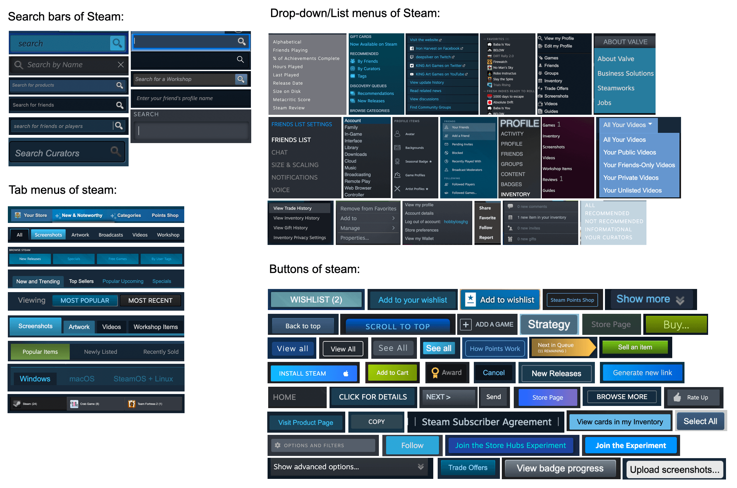 A collage of Steam's UI inconsistencies A collage of Steam's UI inconsistencies